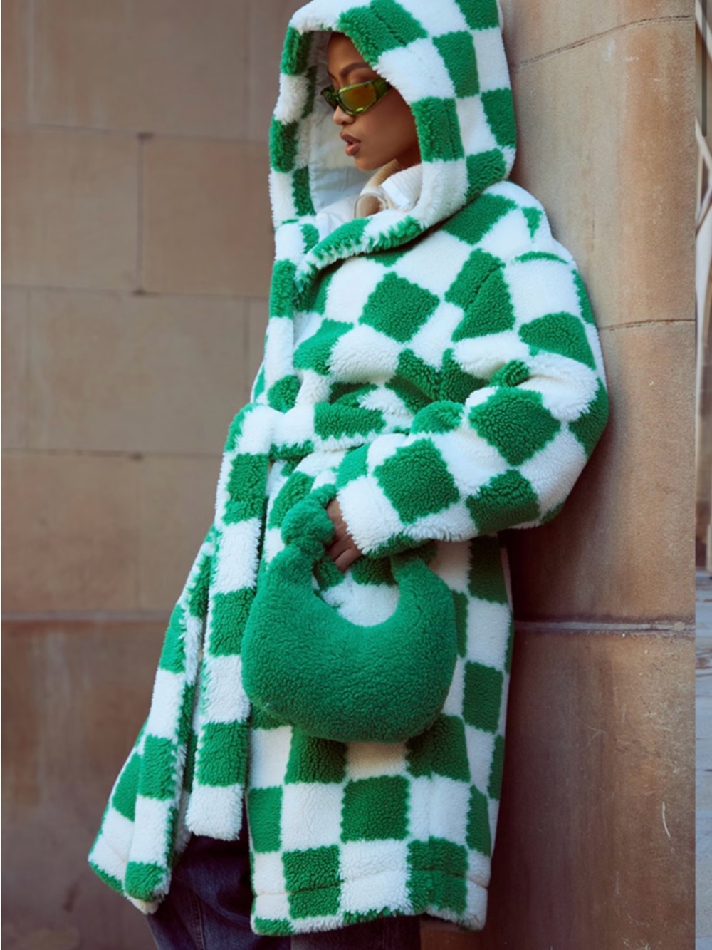 PrettyLittleThing Green & White Check Teddy Hooded Coat
